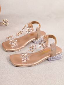 Girls' Summer Low Heel Rhinestone Sandals, Transparent Crystal Shoes, Suitable For Parties And Holiday Celebrations - Champagne - View 2