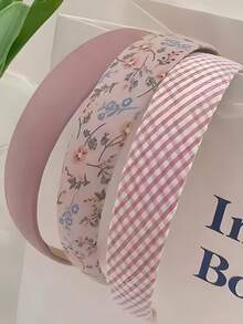 5pcs Pink Series Headbands, Faux Pearl Pleated Solid Color Floral Plaid Fabric Hair Hoops, Sweet Multi-Style Non-Slip Hair Accessories, Suitable For Women And Girls Daily Makeup Use - Multicolor - View 3