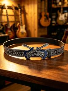 1pc Valentine's Day, Carnival, Halloween, Christmas, Birthday Gift, 3D Guitar Head Buckle Belt, Handmade Embossed Scroll Pattern PU Belt - Multicolor - View 5
