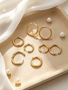 1 Set Classic Minimalist Style Stainless Steel Hoop Earrings With Basic Coil Design For Women, Suitable For Daily Wear/Office Commute - Yellow Gold - View 8