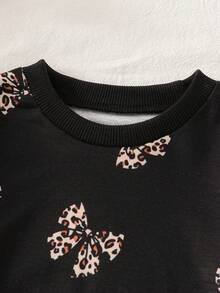2pcs Baby Girls Autumn Leopard Print Bow Long Sleeve Sweatshirt Slim Fit Elastic Waist Leopard Print Leggings Children Spring Fashion Cute Set - Black - View 3