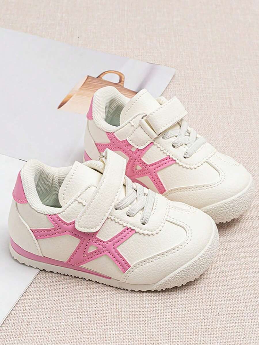 Kids Cross Line Hook & Loop Casual Slip-On Shoes, Unisex Campus Versatile Flat Bottom Sneakers - Pink - View 1