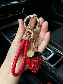 1pc Rhinestone Strawberry Keychain, Braided Strap Fruit Charm, Gold-Tone D-Ring Clasp Keyring, Cute Bling Kawaii Bag Pendant Accessory Gift For Women - Multicolor - View 14