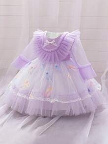 Baby Girls Long Sleeve Multi-Color Bow Tulle Cute Birthday Dress, Fabric Floral Pattern Random Cut, Headband Not Included - Mauve Purple - View 6