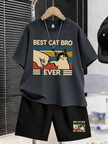 1 Set Cartoon Cat Print Short Sleeve T-Shirt And Sweatpants Outfit, Suitable For Teenage Boys, Perfect Summer Gift For School And Outdoor Wear, Spring/Summer - Multicolor - View 1