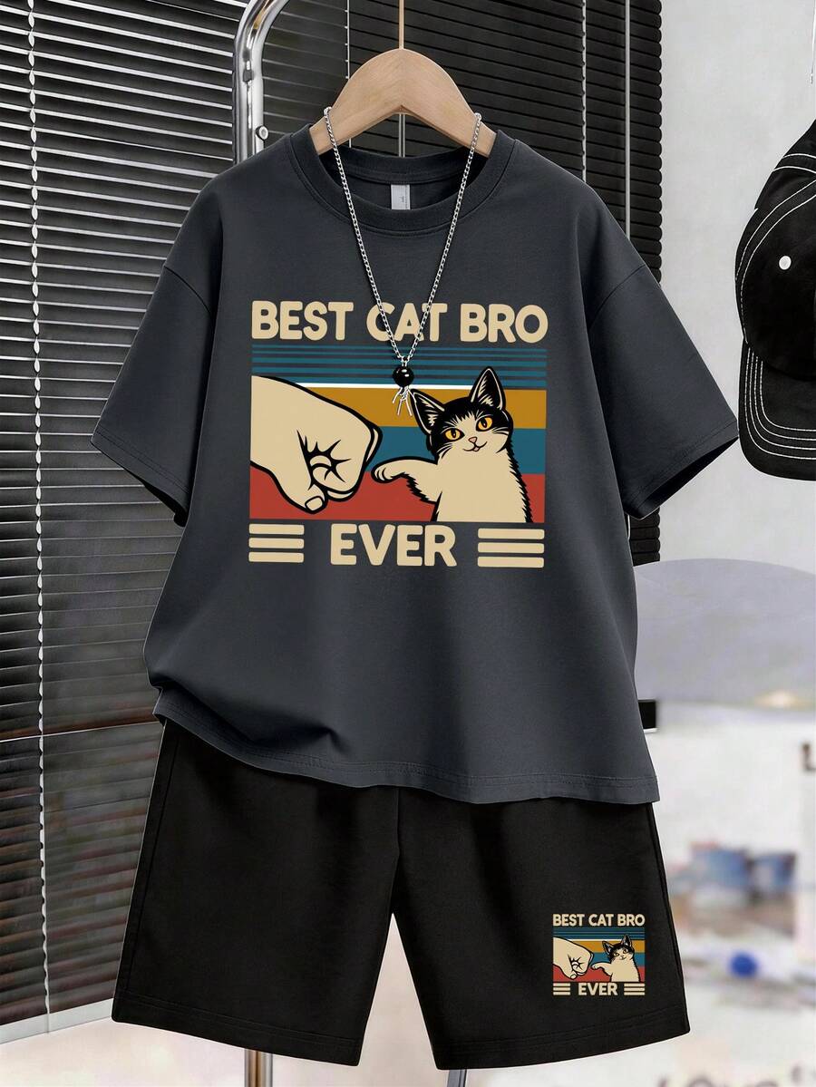 1 Set Cartoon Cat Print Short Sleeve T-Shirt And Sweatpants Outfit, Suitable For Teenage Boys, Perfect Summer Gift For School And Outdoor Wear, Spring/Summer - Multicolor - View 1