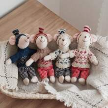 2PCS Mouse & Pig Stuffed Toy With Knitted Outfit, Soft Plush Doll. Gender-Neutral Decor, Newborn Photoshoot Prop, Kids Room Accent - Multicolor - View 9