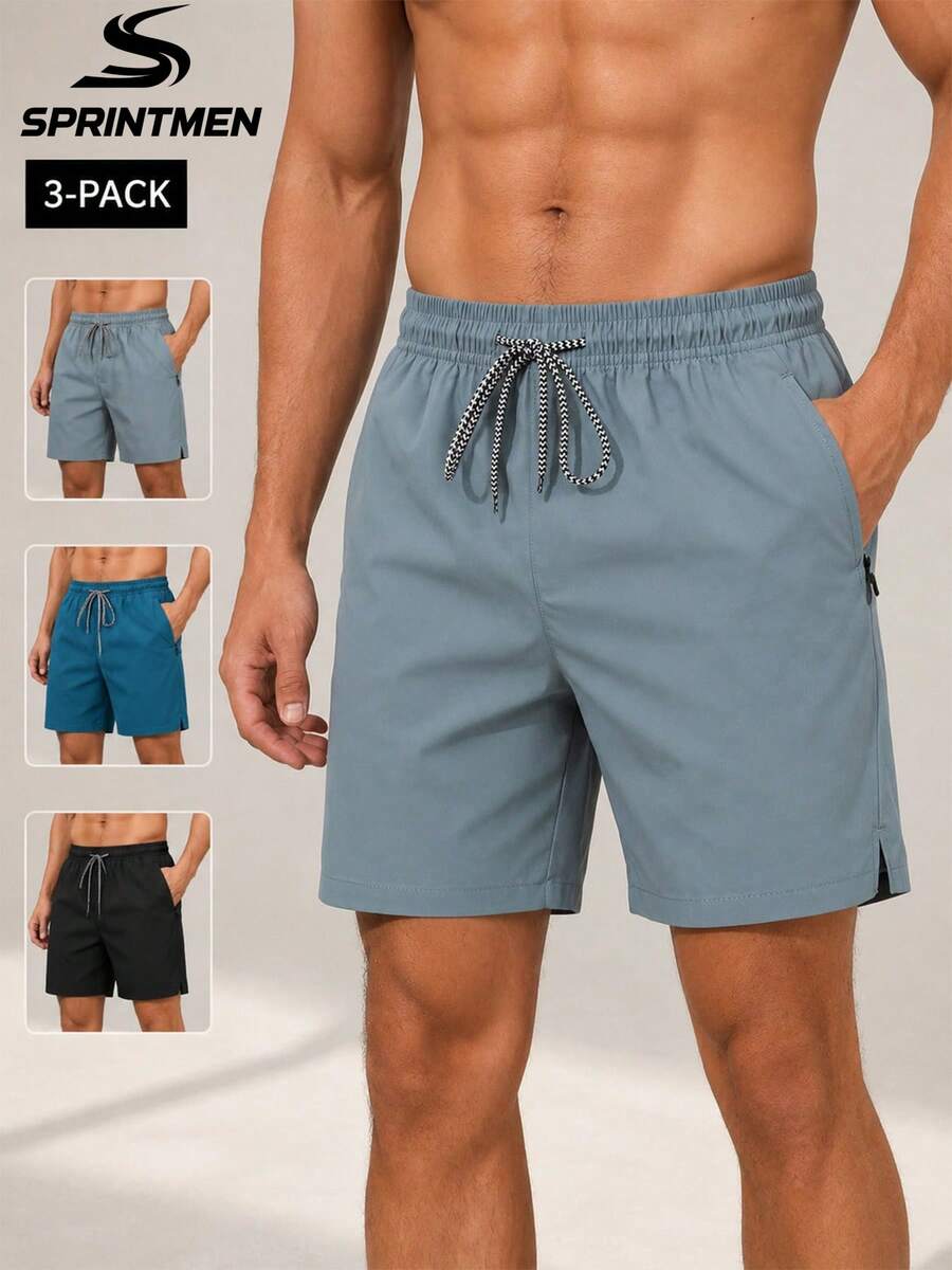 3pcs/Set Men's Sports Shorts, Comfortable Drawstring Elastic Waist, Zipper Pockets, Soft Fabric, Fitness Training Shorts, Outdoor Functional Style, Machine Washable, Suitable For Summer Gym, Running, Training, Casual Wear - Multicolor - View 1