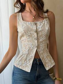Women Summer Fall Beige Floral Embroidery Sleeveless Vest Top, Back To School, Daily Wear & Going Out - Khaki - View 7