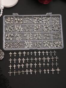 24-Grid Box/120pcs Bulk Mixed Vintage Rhinestone Cross Metal Nail Art Charms, Punk Style Silver Cross 3D Nail Decor Accessories DIY Rhinestone Decoration Set - Multicolor - View 11