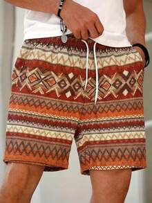 Men's Casual Sports Autumn Geometric Print Drawstring Waist Bermuda Shorts - Multicolor - View 2