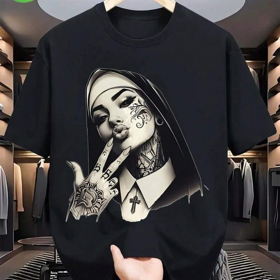 Men's Avant-Garde Gothic Style T-Shirt, Tattoo Print T-Shirt, 100% Pure Cotton, Urban Style T-Shirt, Unisex Summer T-Shirt - Black - View 1