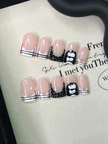 10pcs/Set Y2K Nails Handmade, Pink Nails, French Tip Nails, Black Rhinestone Nails & Stripe Nails, Cute Nails, Perfect For Parties & Daily Wear. Short Square Nails. Handmade Press On Nails Square, Fake Nails, Acrylic Nail, Short Nails, Handmade Nails - Multicolor - View 1