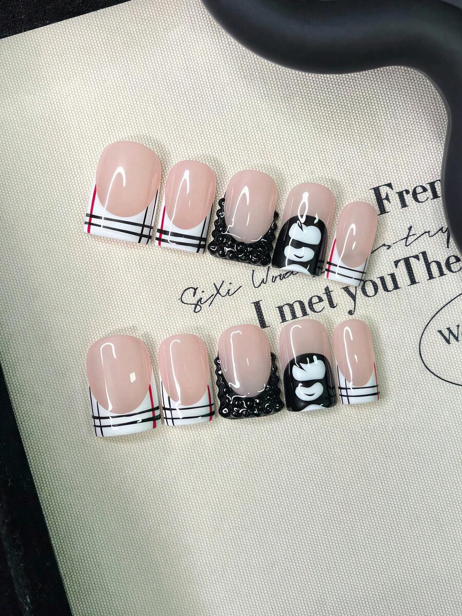10pcs/Set Y2K Nails Handmade, Pink Nails, French Tip Nails, Black Rhinestone Nails & Stripe Nails, Cute Nails, Perfect For Parties & Daily Wear. Short Square Nails. Handmade Press On Nails Square, Fake Nails, Acrylic Nail, Short Nails, Handmade Nails - Multicolor - View 1