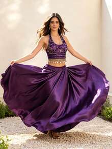 Belly Dance Embroidered Coin Trim Crop Top Glossy Satin Flowy Maxi Skirt (Multiple Colors Available) - Multicolor - View 16
