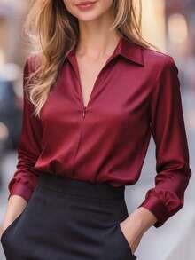 Elegant Women's Burgundy Long Sleeve Turn-Down Collar Shirt, Regular Fit Polyester Blouse, Front Zipper Design, Suitable For Autumn Fashion - Burgundy - View 7