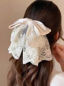 2pcs/1pc Elegant Solid Color Lace Hair Claw, Minimalist Satin Bow Hair Clip, Preppy Style Fashion Hair Accessory, Suitable For Women's Daily, Casual Wear And Outfit Matching - Multicolor - View 2