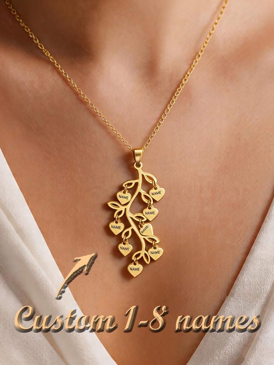 Kalung Stainless Steel dengan Liontin Pohon Berbentuk Hati, Dapat Disesuaikan dengan 1-8 Nama, Tahan Air dan Anti Karat, Hadiah Hari Ibu untuk Ibu/Istri/Teman, Cocok untuk Acara Sehari-hari dan Formal - MultiWarna - View 1