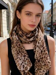 Women's Leopard Print Thin Silk Scarf, Soft Faux Silk Neck Scarf, Multi-Functional Headscarf, Bag Accessory, Casual Daily Wear - Brown - View 4