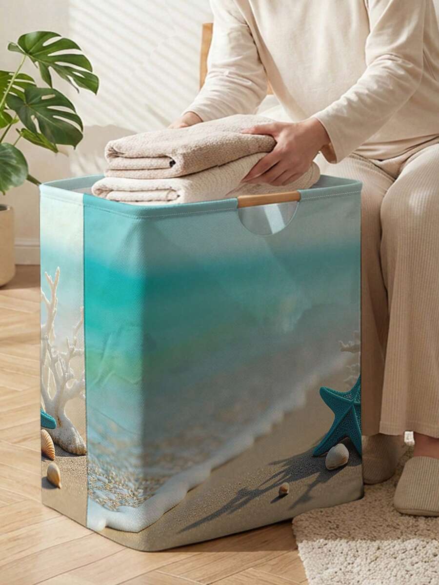 1pc Storage Basket, Laundry Hamper, Washing Basket, Storage Bin, Ocean Print Design, Foldable Multi-Purpose Basket With Wooden Handles, Suitable For Daily Clothing Storage And Organization - Multicolor - View 1