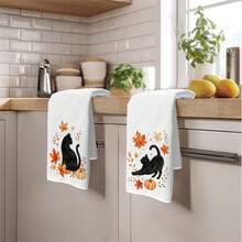 2PCS Kitchen Towels Autumn Minimalist Black Cat & Maple Leaf Pattern Printed 40*60cm Simple Style Rectangular Microfiber Kitchen Towels, Dish Cloths, Tablecloths, Hand Towels, Kitchen Decor, Home Decor, Housewarming Gifts For Neighbors, Perfect For Kitchen And Bathroom Use, Suitable For Housewives And Family Gatherings, High Cost-Performance, Essential Home Product - White - View 10