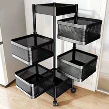 Kitchen Rotating Storage Trolley Cart, 360° Swivel Utility Vegetable Fruit Mobile Shelf Rack With Magnetic Top Tray & Lockable Wheels, 3/4/5 Tier Black Metal Mesh Organiser - 黑色 - 查看 2