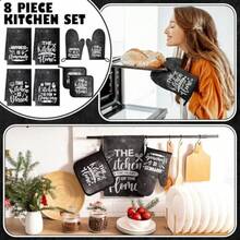 8 Pcs Kitchen Towels And Oven Mitts Sets Pot Holders Dishcloths Set Kitchen Decorative Accessories Absorbent Potholders Heat Resistant For Chef Baking Cooking - Black - View 2