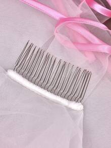 1 Pc Two-Tier Pink Satin Ribbon Edge Short Bridal Veil With Comb, Hair Accessory For Bachelorette Party, Wedding Photoshoot & Registry - White - View 5