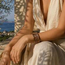 ORNAPEADIA 1pc Women's Gold-Plated Brown Sand-Texture Enamel Asymmetrical Shape Open Bangle, Versatile Summer Beach Accessory, Suitable For Daily Wear/Gift - SZ60891-8 - View 2