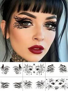 6pcs Gothic Spider Web Face Eyeliner Temporary Tattoo Stickers, Waterproof Halloween Bat Temporary Tattoos, Realistic Eyeshadow Makeup Stickers, Suitable For Halloween Party Holiday Cosplay Accessories - Black - View 1