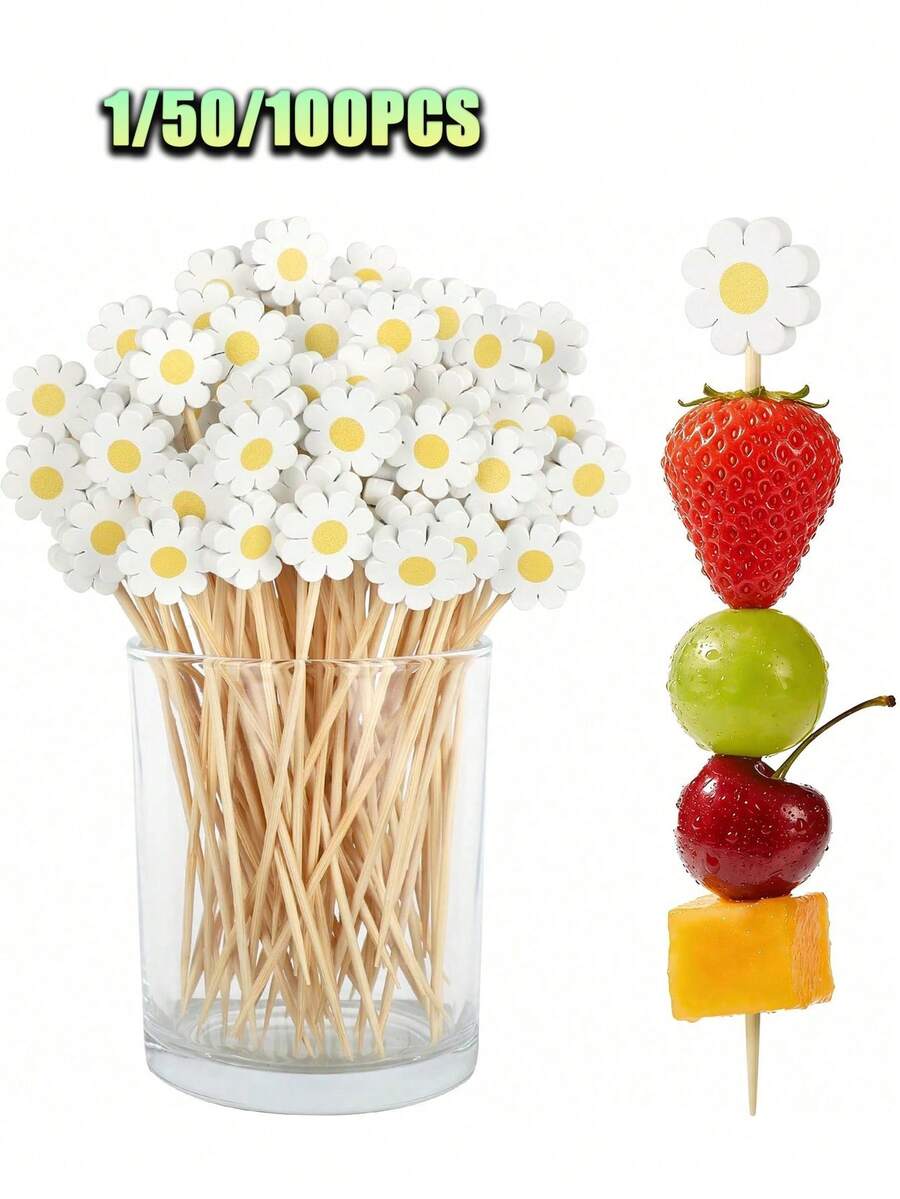 1/50/100pcs White Daisy Decorative Picks, Suitable For Fruit, Dessert, Snack And Cocktail Decoration, Applicable For Daily Home (Tableware) And Party (Dessert Table, Cocktail Party) - View 1