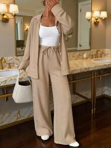 Nina Bonheur 2pcs/Set Women's Loose Comfortable Breathable Long Sleeve Top + Long Pants Cute Pajama Set - Camel - View 3
