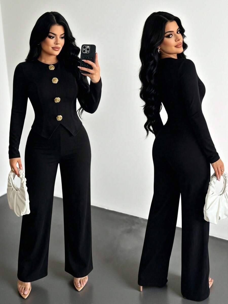 Solid Color Elegant Metal Button Long Sleeve Thin Women's T-Shirt And Straight Leg Pants - Black - View 1