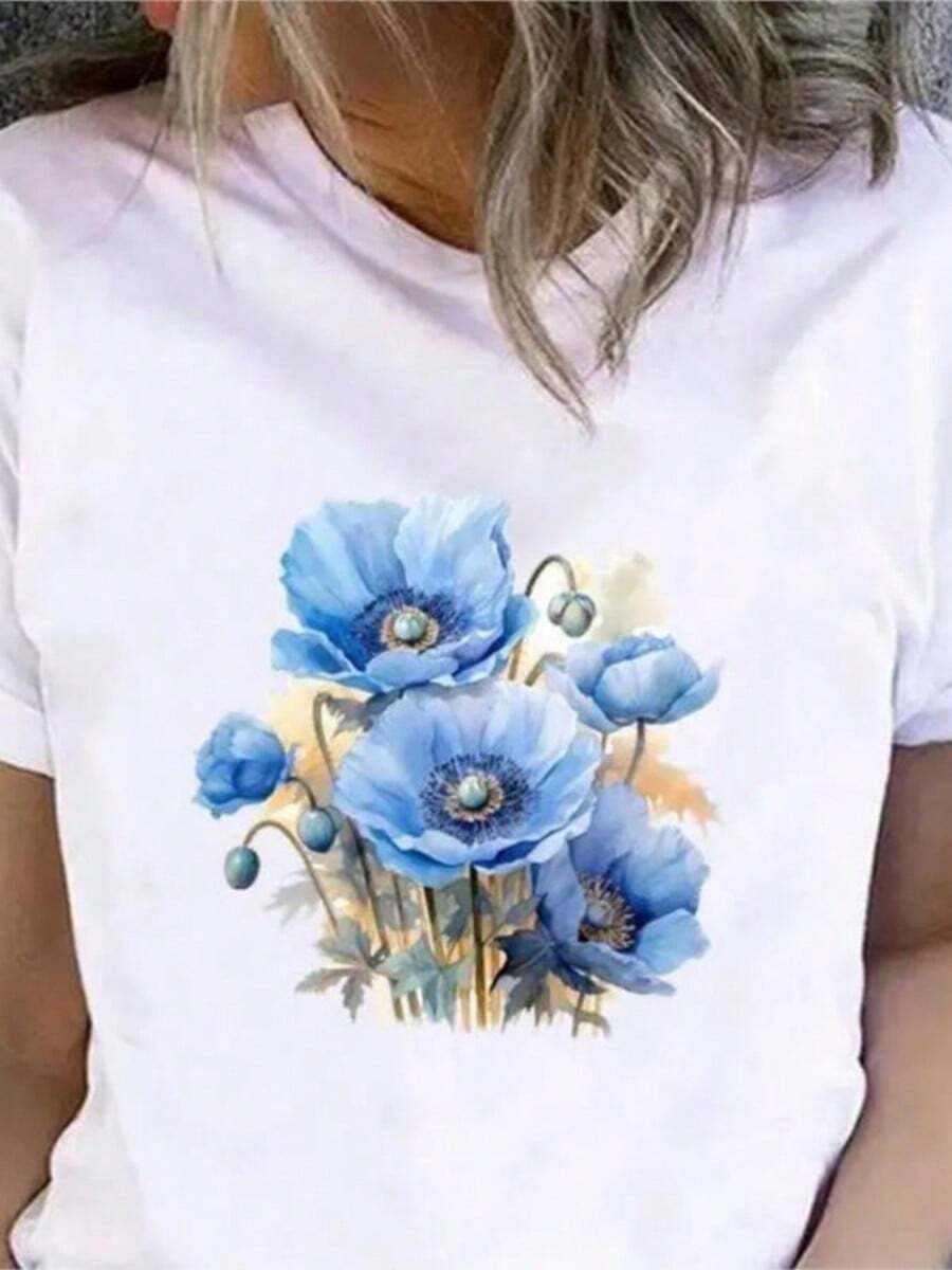 Plus Size Flower Sweet Trendssssssss Cute 90s T-Shirt Ladies Fashion Basic Graphic Short SLeesve Clothing Tee Top Print Clothes - 白色 - 查看 1