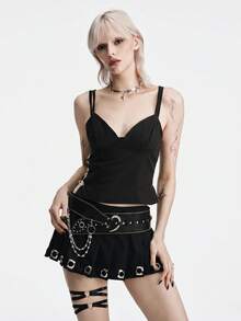 MortiRose 1pc Solid Color Punk Street PU Leather Heavy Rivet Curved Hook Rhinestone Chain Belt, Y2K American Baddie Fashion Punk Retro Style Waist Belt - Black - View 5