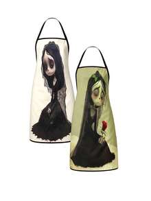 2Pcs Gothic Corpse Bride Apron Set, Spooky Skeleton Zombie Bride Black Wedding Dress Kitchen Apron, Dark Romantic Veil Rose Cooking Apron, Melancholy Halloween Chef Apron For Baking Grilling - Multicolor - View 1