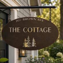 Personalized Sign Evergreen Tree Custom Door Plaque Oval Metal Address Sign Outdoor Home Name Sign Entrance Rustic Style Wall Decor Gift - Black - View 7