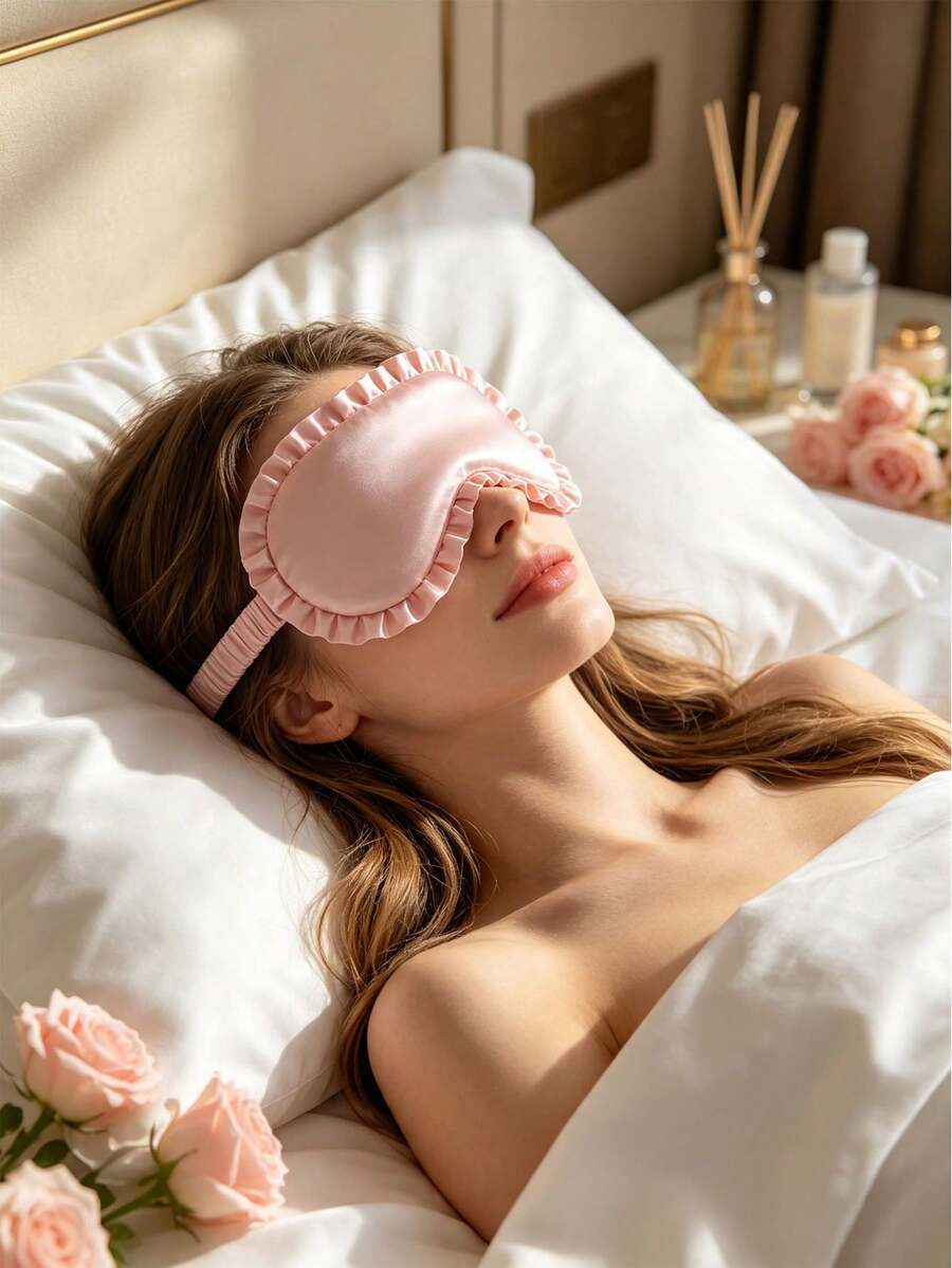 1pc Cute Pink Eye Mask, Adorable Cartoon Face Plush Sleep Mask, Soft And Comfortable Travel Home Sleep Accessory For Women - Skirt Hem Style - View 1