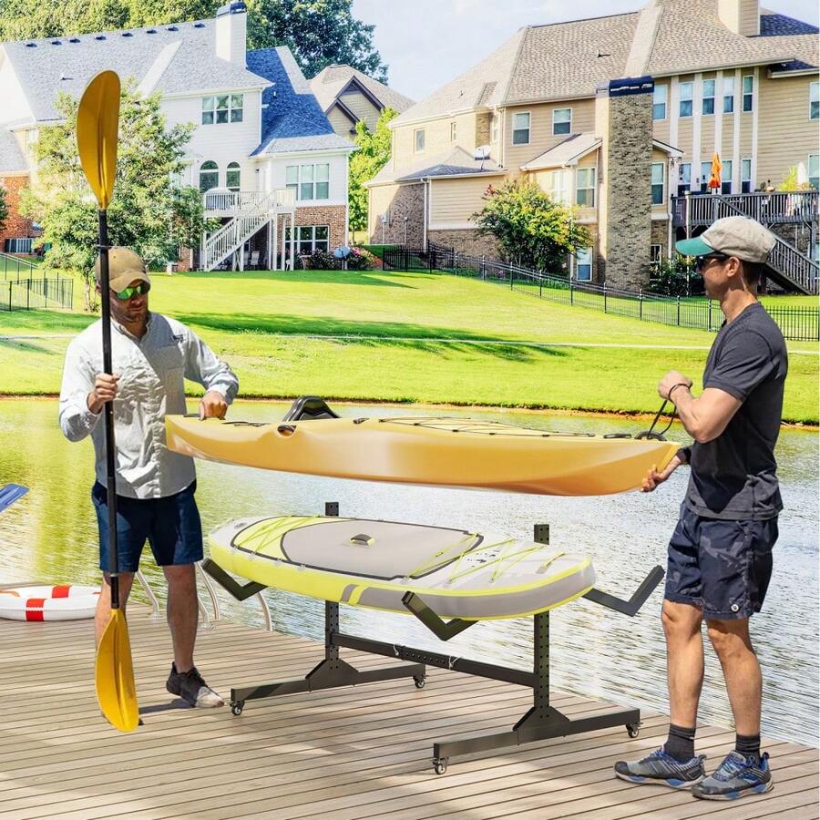 Kayak Storage Rack for 2 Kayaks Freestanding Kayak Rack for Outdoor Storage with Movable Wheels, Heavy-Duty Steel Kayak Hanger Holder with with Hanging Straps,, Wide Adjustable - B - Ver 1