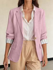 HUTENER Women's Spring Blazer, Elegant Pink Plaid, Featuring Lapel Neck Long Sleeves And Slim Waist.. Fall - Dusty Pink - View 3