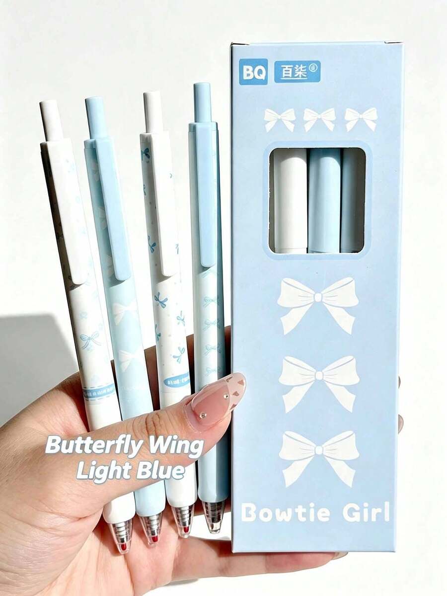 1/4pcs Light Blue Bow Clickable Neutral Ink Pens, Quick-Dry Black Water-Based Ink, Fresh Ins Style Student Writing/Exam Practice Clickable Ballpoint Pen Set, Office & School Supplies, Back To School Gift For Friends - Bow - View 1