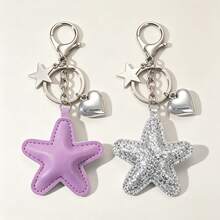 1 Set 2pcs Unisex New Solid Color Five-Point Star Keychain PU Padded Star Pendant Minimalist Heart Accessory Couple Gift Bag Charm - Multicolor - View 5