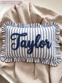 Personalized Striped Ruffle Tufted Embroidery Pillow, Customized Flocked Name Embroidered Cushion, Soft Rectangular Throw Pillow, Suitable For Sofa Bedroom Apartment Decor, Ideal Gift For Housewarming Birthday Anniversary - Multicolor - View 3