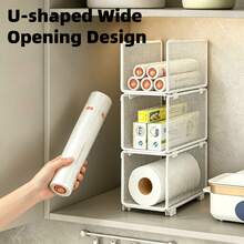 Multifunctional Kitchen Storage Rack, Stackable Tiered Deep Cabinet Organizer With Paper Towel Holder, Plastic Wrap & Dispenser, Spice & Seasoning Storage Box, Kitchen Essentials & Decor, Pantry Organization, Apartment Essentials - Multicolor - View 5