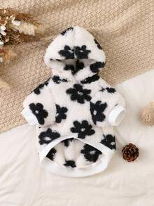 PETSIN Autumn/Winter Black & White Floral Coral Fleece Pet Hooded Sweatshirt, All-Over Black Flower Print, Soft Plush Ribbed Cuffs, Warm Coat For Small Dogs And Cats - White - View 6