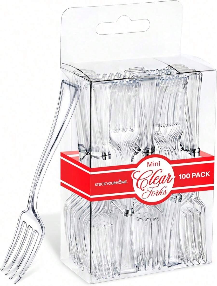 Clear Mini Forks 4 Inch (100-Count) Disposable Plastic Appetizer Fork For Cocktail Hour, Dessert Forks For Wedding Reception, Small Clear Forks For Food Samples, Charcuterie Forks For Holiday Parties - ColorA - View 1