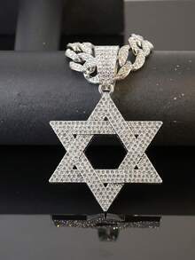 European And American Hip Hop Full Rhinestone David Star Cuban Necklace, Gold And Silver Dual-Color Hollow Pendant, Vintage Religious Totem Men's Streetwear Accessory, Boyfriend Gift - Hexagram - View 6