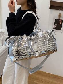 New Fashion Travel Bag, Solid Color Minimalist Niche Design With Sequins, Stylish And Cool, Suitable For Short Trips And Fitness, With Independent Shoe Compartment, Large Capacity, Versatile And Exquisite - Silver - View 9