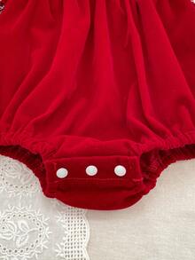 Christmas Baby Girl Bodysuit Romper, Spring/Autumn, Ruffled Collar, Red Princess Style Holiday Outfit - Red - View 6