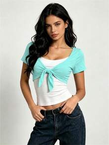 Women V Neck Crop Tops Solid Color Short Sleeve Slim Fit Tie Front T-Shirt - Green - View 3